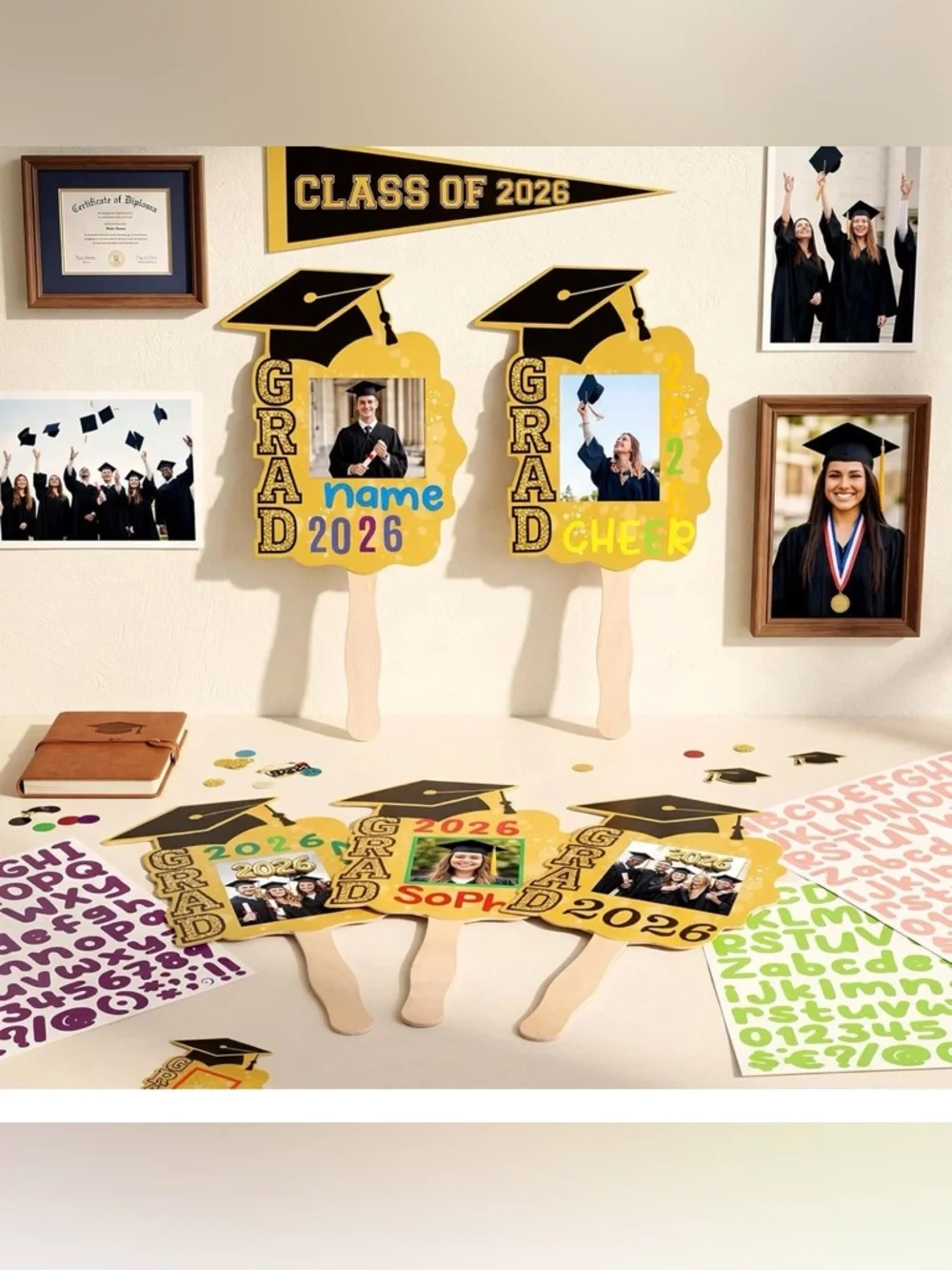 12 Pcs Graduation DIY Paper Fans Handheld Set Grad Face Fans w/ Number Alphabet